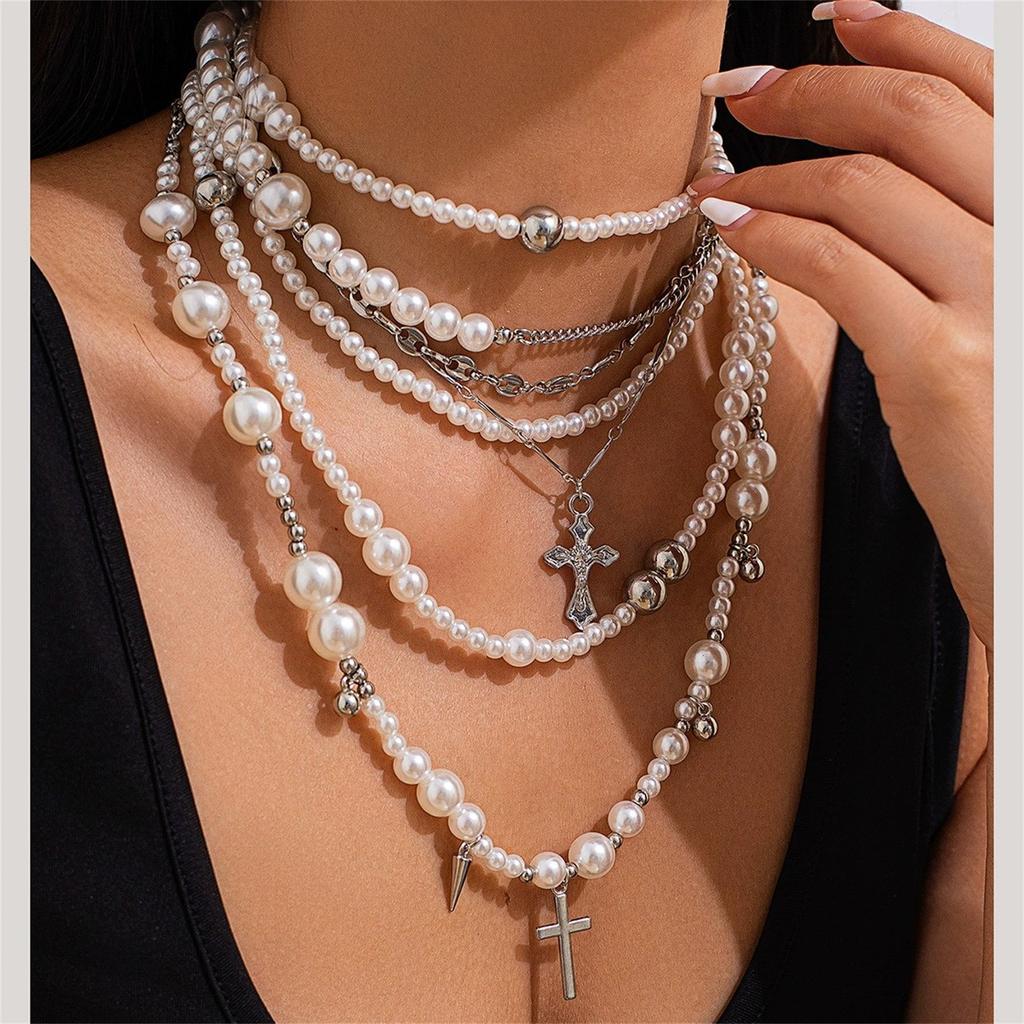 Goth Pearl Cross Necklaces for Women,Retro  Crystal Crucifix Pendant Choker Necklace,Chunky Pearl Beaded Stackable Necklaces Baptism Gifts