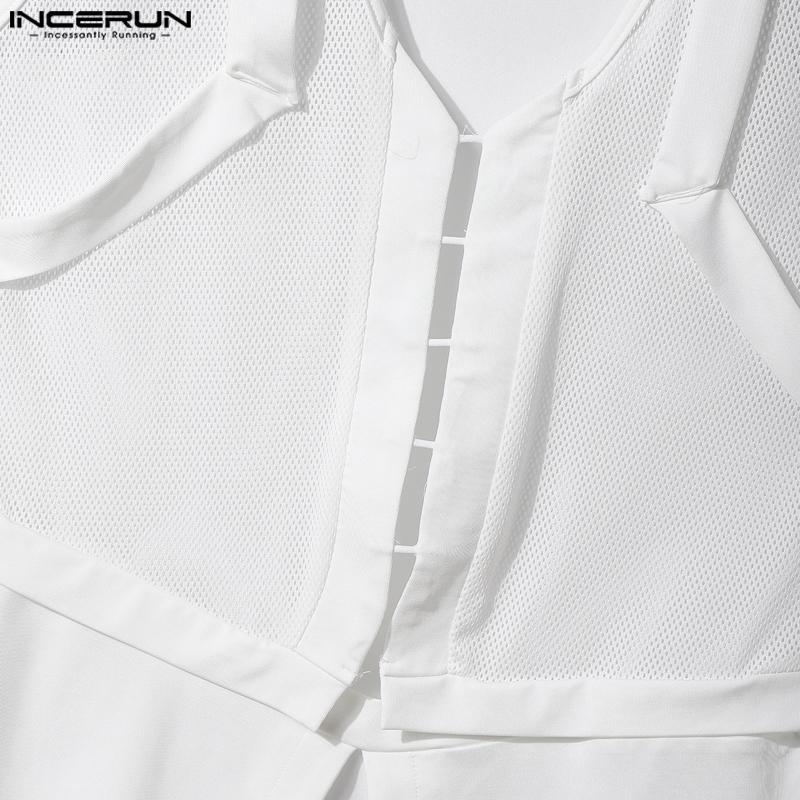 INCERUN Men Lapel Cutout Sleeveless Mesh Patchwork Fitted Shirts Tank Tops