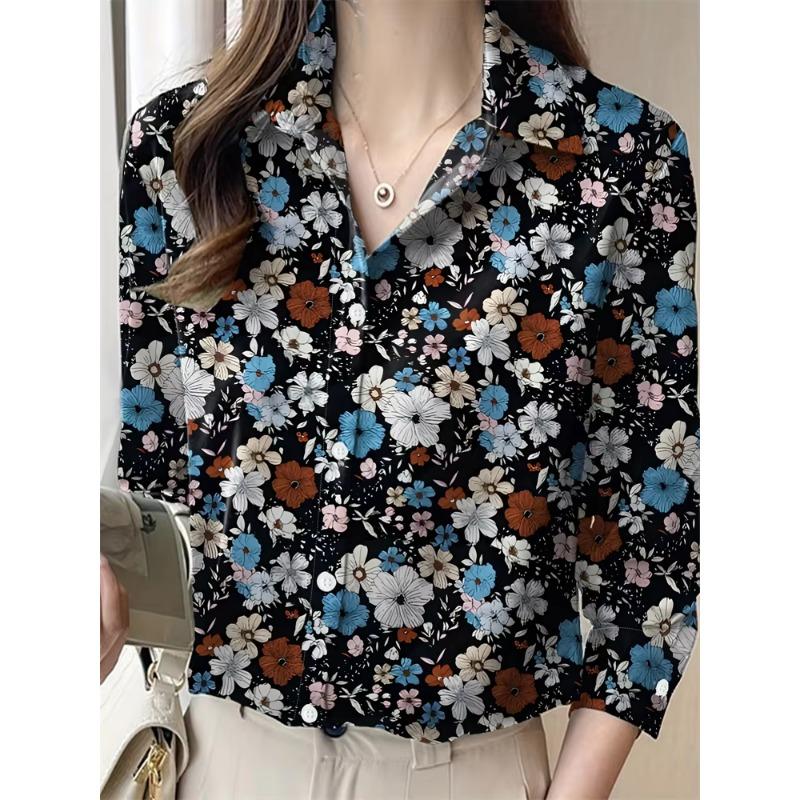 New Women's Lapel Long Sleeve Shirt Casual Loose Hundred Fashion Trend Flower Pattern Ladies Daily Outdoor Travel Clothing