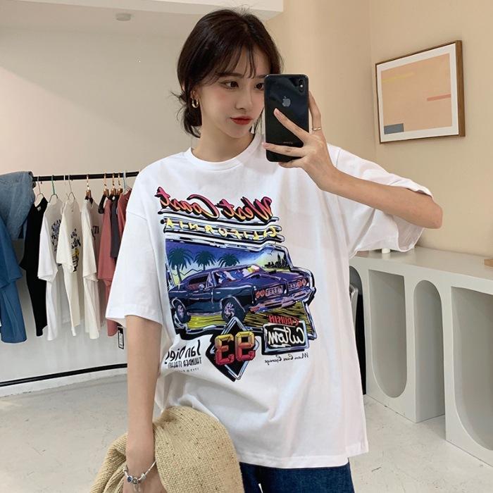 

Pure cotton European and American style retro car loose casual and thin versatile T-shirt t-shirt female tide ins 3XL білий