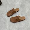 Johnature Retro Genuine Leather Flat Slippers Leisure Versatile Round Toe Soft Sole Women Outdoor Slides