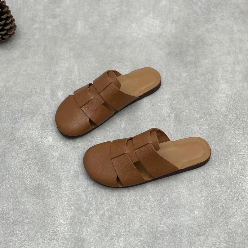 Johnature Retro Genuine Leather Flat Slippers Leisure Versatile Round Toe Soft Sole Women Outdoor Slides