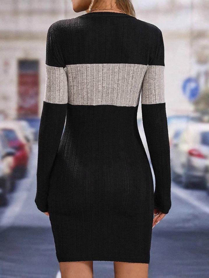 2024 Autumn Color Block Patchwork Round Neck Long Sleeve Dress