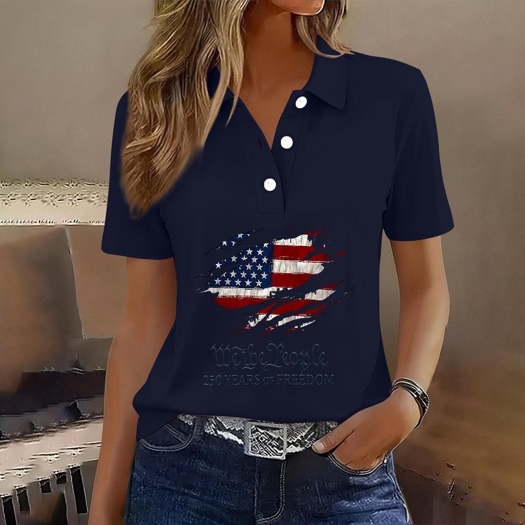 Damen Casual Knopfleiste Kurzarm Poloshirt Amerikanische Flagge Grafikdruck 250. Jahrestag Patriotisches Oberteil Leichtes Sommer-T-Shirt