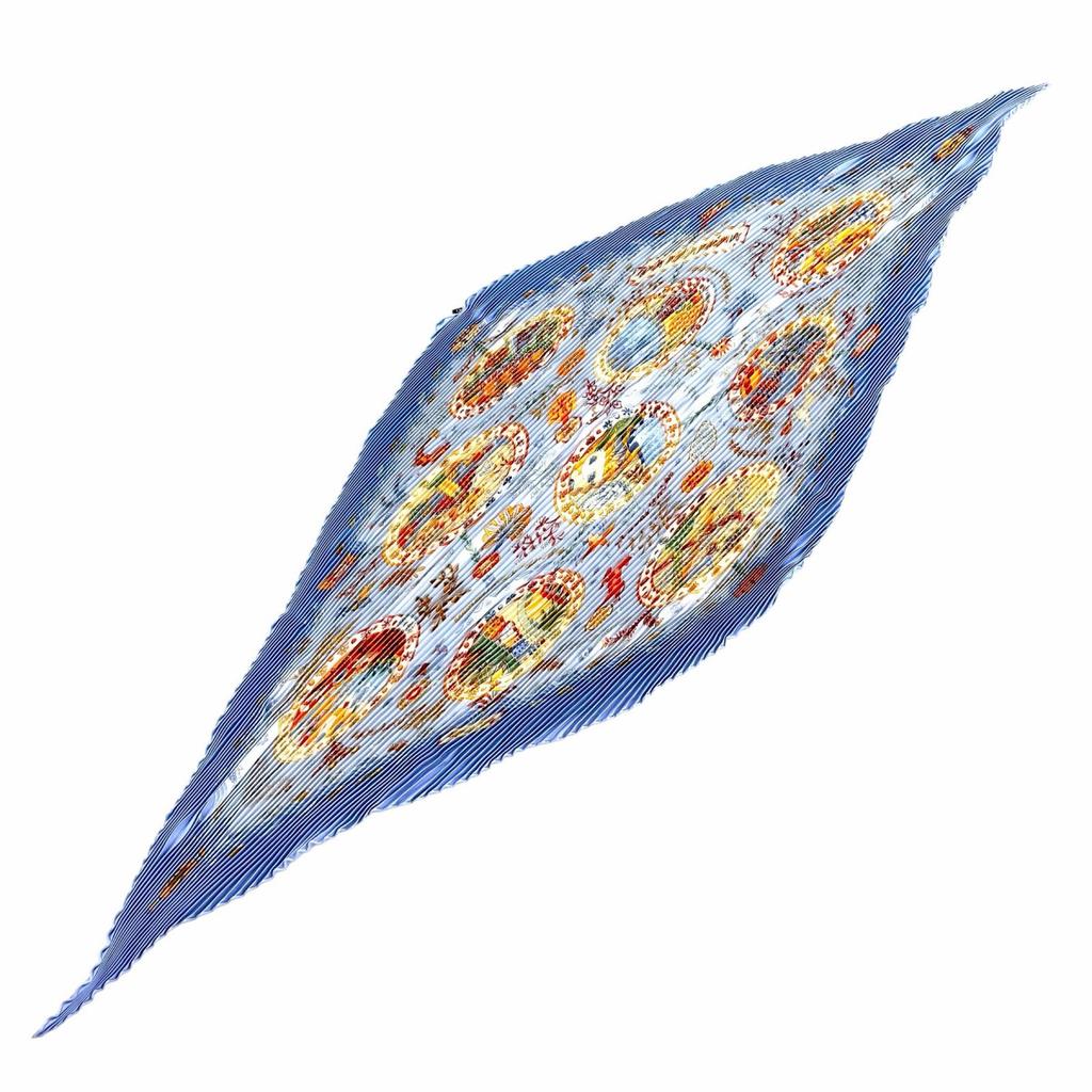 Excellent HERMES Scarf Mediterranean Port Towns Diamond-shaped Pleated Blue Silk Used