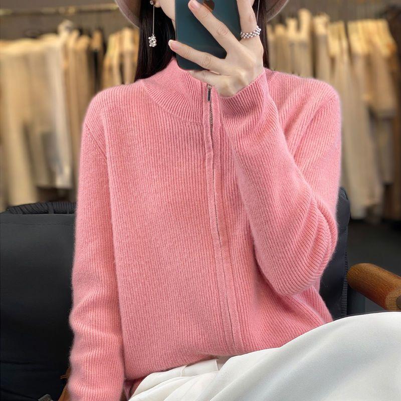 

Жіноче кашемірове в язане пальто з довгим рукавом і лацканами, кардиган із чистої вовни на блискавці з підкладкою через плече XXL