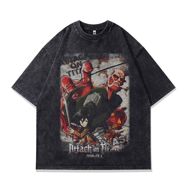 Retro Trendy T-Shirt Harajuku Two-Dimensional Cartoon Direct Injection Printing Heavy Cotton Washed Short-Sleeved T-Shirt For Men And Women