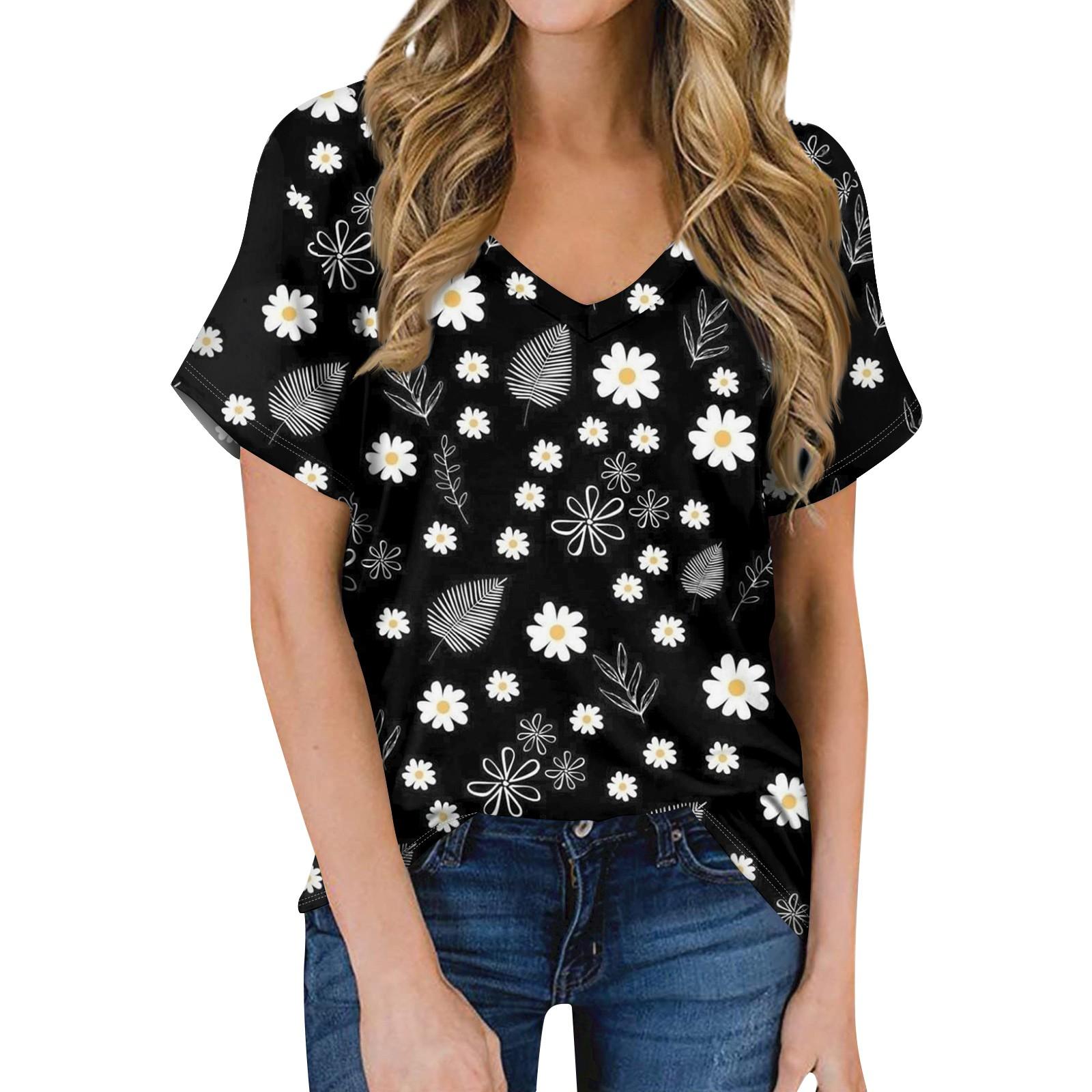 

Женская летняя модная повседневная блузка с V-образным вырезом и коротким рукавом с принтом L чёрный