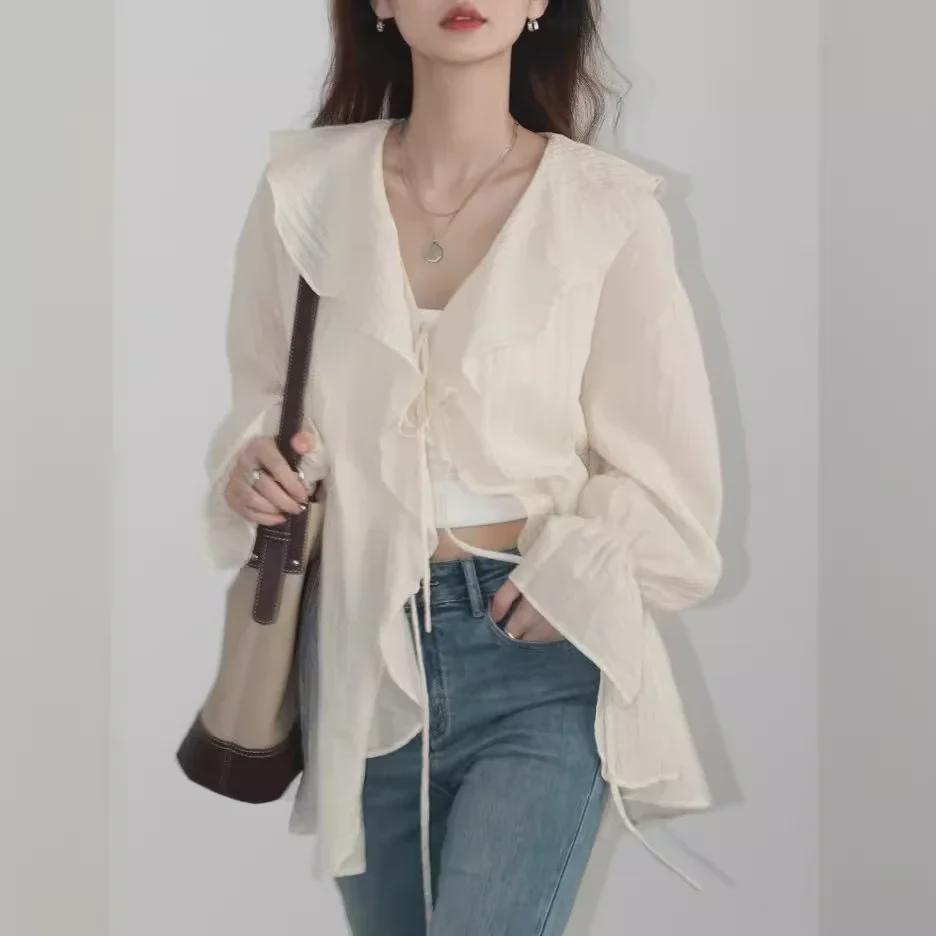 Visual Space Spring Tencel Ruffle Sleeve Lace-Up Mid-Length Shirt