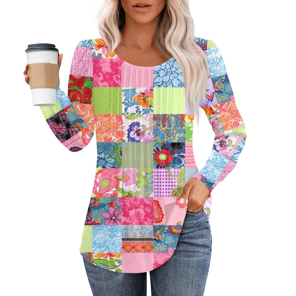 Women's Fashion Casual Pleated Round Neck Vintage Floral Print Long Sleeve T,Shirt Top