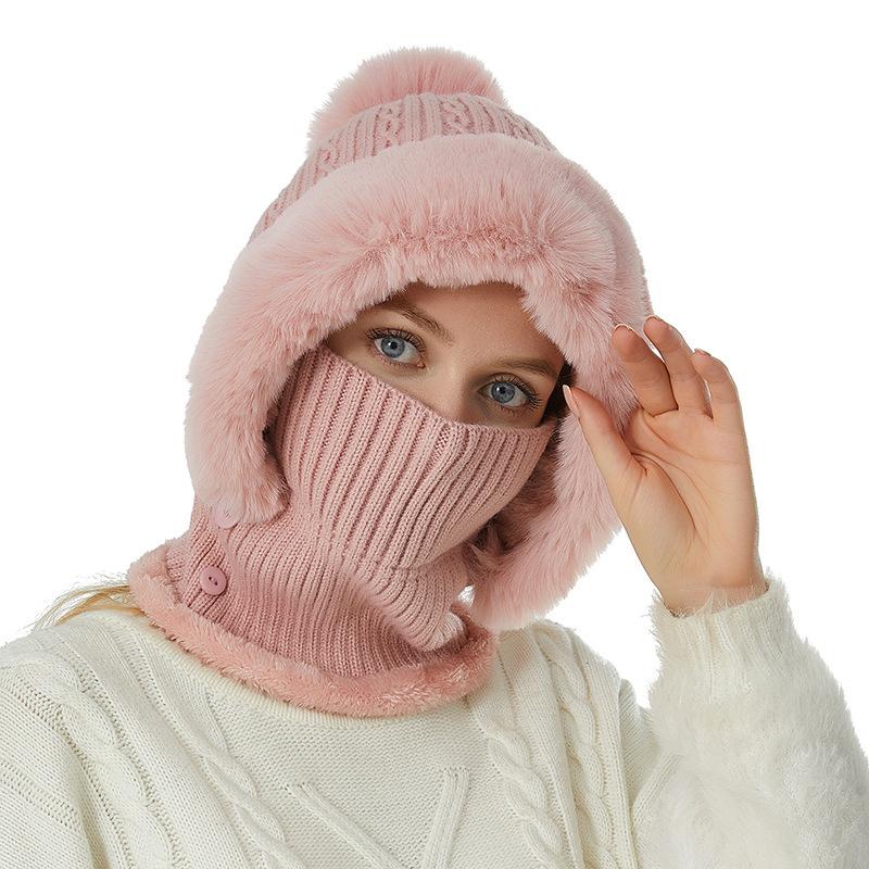 

Осенне-зимний комплект из шапки и шарфа, европейская и американская мода, простая универсальная вязаная шапка для женщин, теплая защита для ушей M（56-58cm） розовый