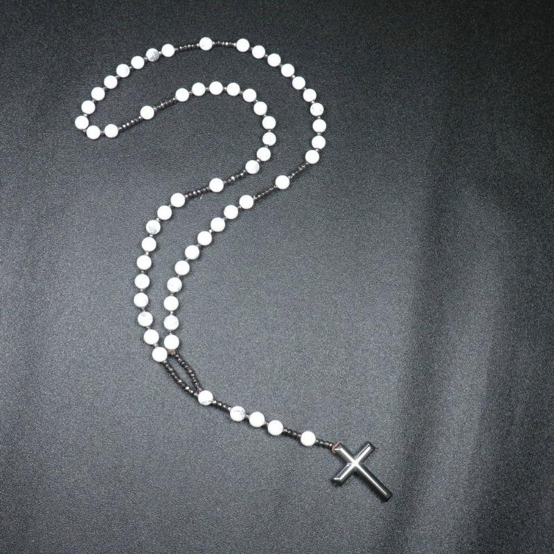 Rosario Blanco de Howlita – Colgante de Cruz de Acero Inoxidable, Regalo de Calma y Protección para Hombres y Mujeres