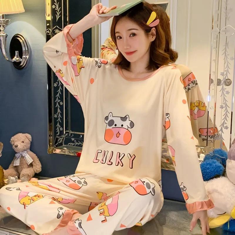 2Pcs/set Large Size Long Sleeve Long Pants Pajamas Women's Homewear Student Pajamas Young Girls Clothes Ladies Nightwear