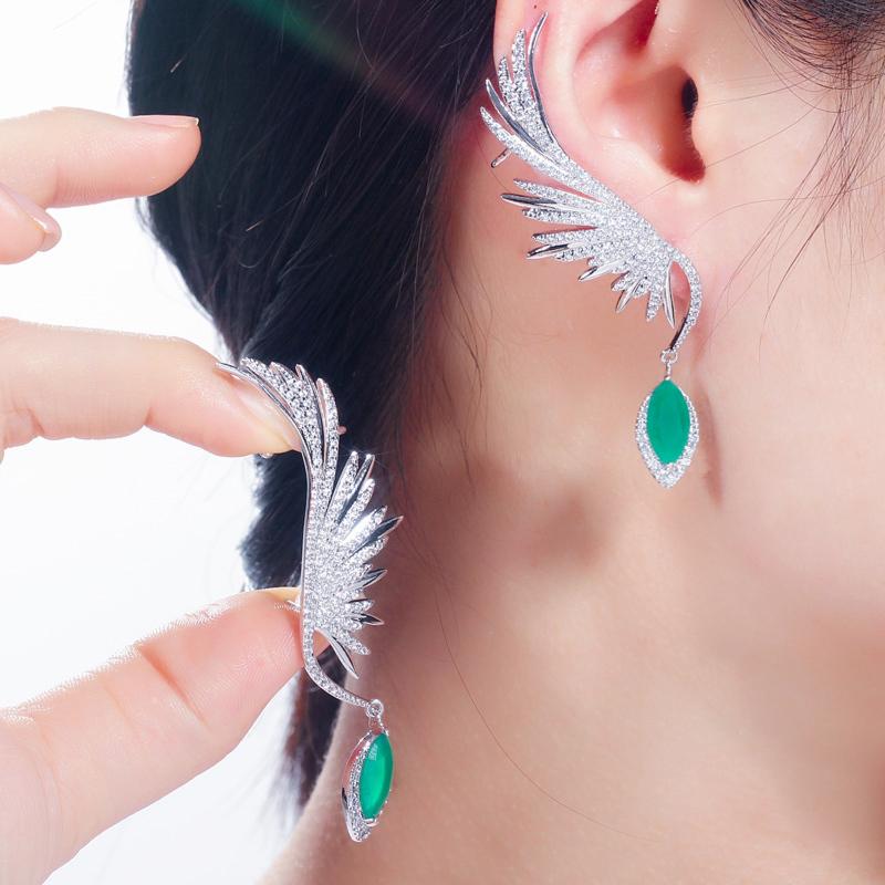 Zircons Luxury Full Cubic Zirconia Pave Popular Big Long Drop Feather Wing Ear Cuff Earrings For Women