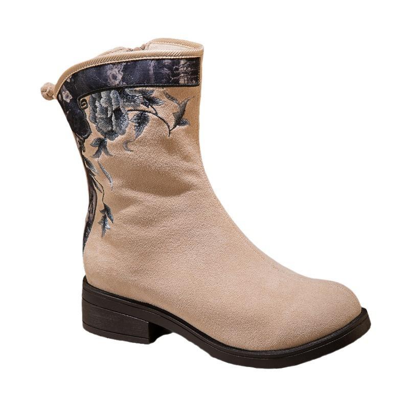 Winter Warm Snow Boots for Women Low Heels Embroidered Ankle Booties Shoes Women's Chunky Block Heeled Faux Fur Lining Walking Boots With Side Zipper
