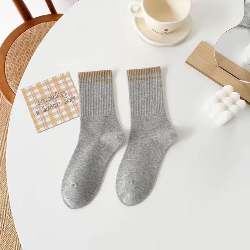 5 Pairs of Socks, Women's Mid-calf Socks, Sports Socks, Striped Two-bar College Cotton Socks, Casual and Breathable