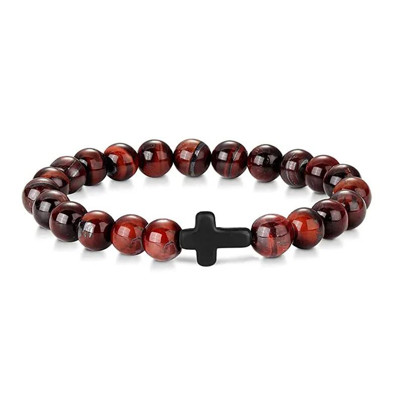 Prayer Men Natural Stone Wood Beads Rosary Hematite Cross Bracelets Onyx Meditation Bracelet Women Yoga Zircon Homme Pulsera