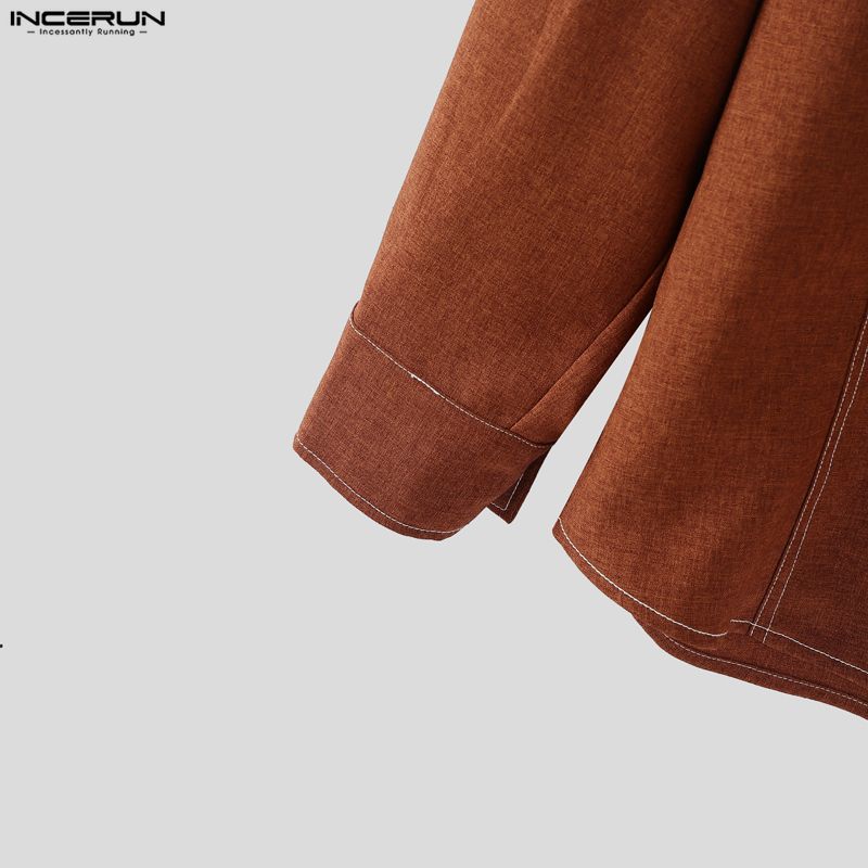 INCERUN Men Turn-down Collar Long Sleeve Stitching Casual Oversized Shirts Tops