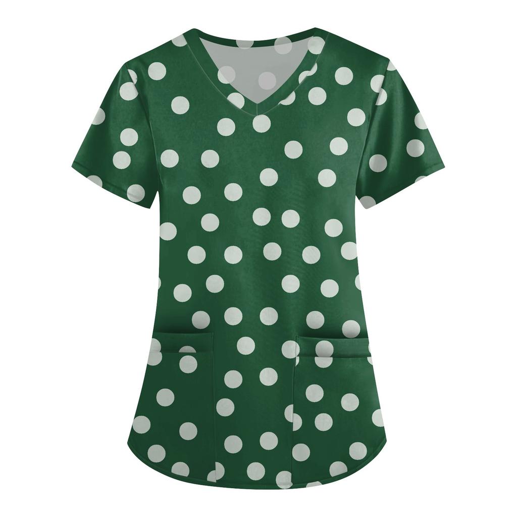 Women's Cute Printed Work Clothes V-neck Double Layer Pockets Basic Short Sleeve Top Pullover Valentines