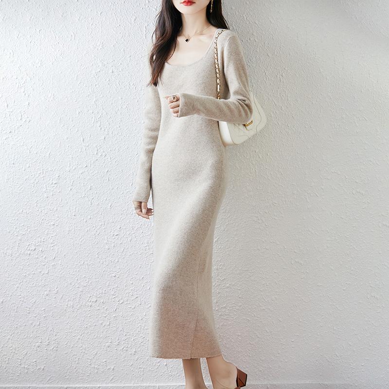 Women Sweater Dress 100% Wool MODERN NEW SAGA U-neck Knit Long Pullover Winter Jumpers Wool Long Dress Female