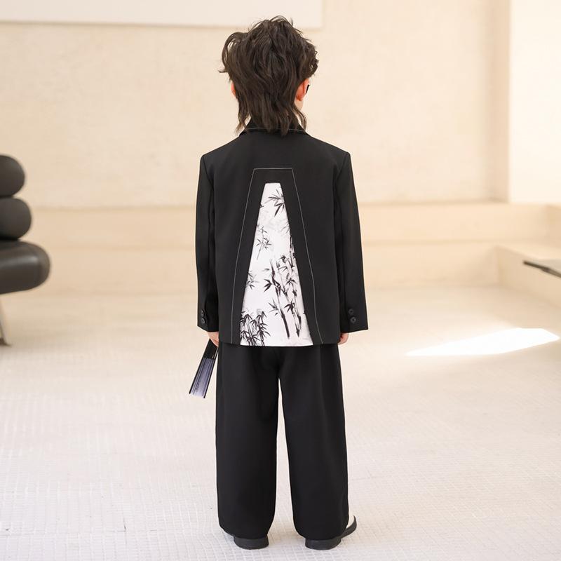 Boys Chinese Style Suit Set Bamboo Print Blazer Vest Pants Shirt for Wedding Birthday Party Photoshoot Kids School Formal Outfit