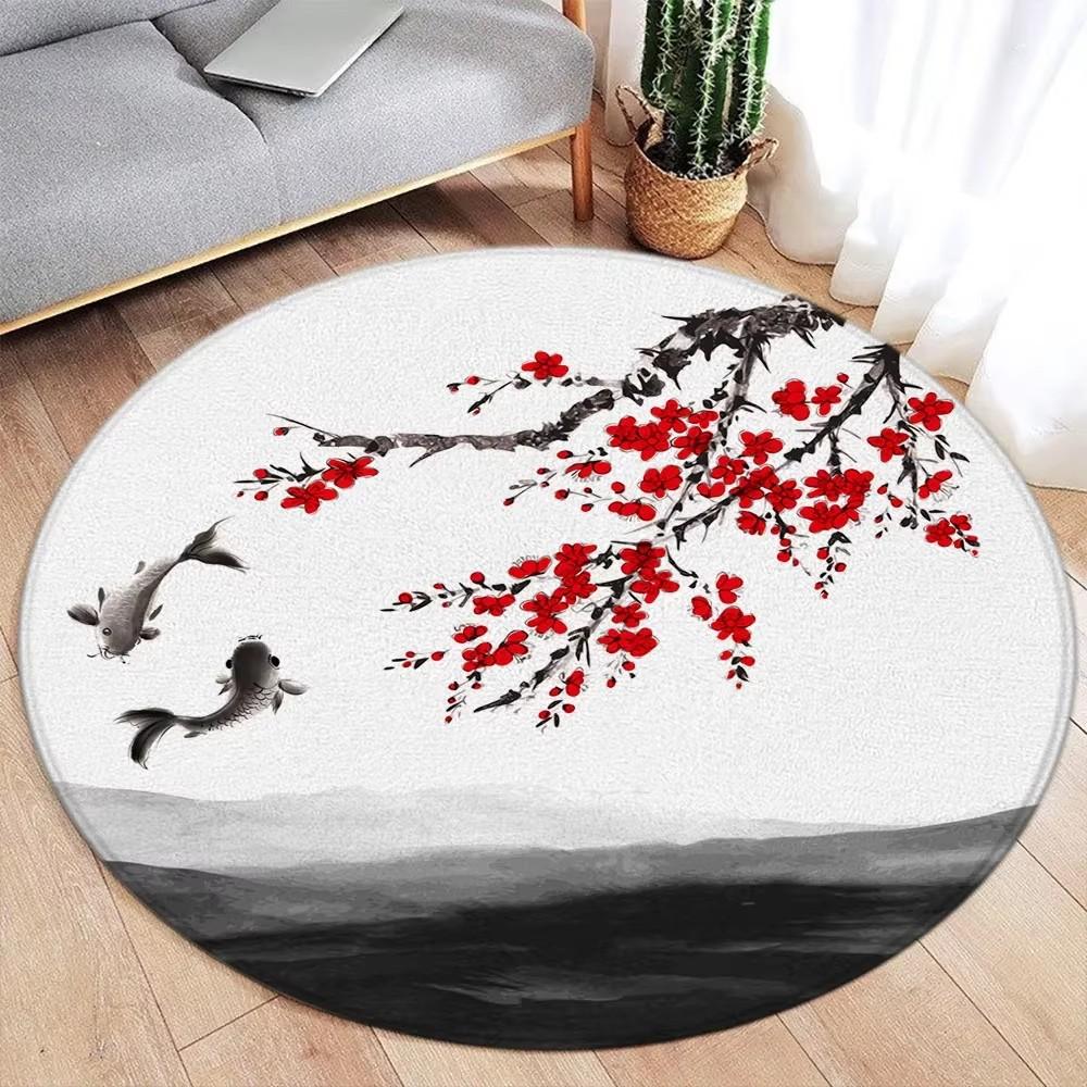 Japanese Style Round Carpet Koi Fish Lotus Cherry Blossom Flower Mountain Water Ink Art Home Living Room Bedroom Decor Floor Rug