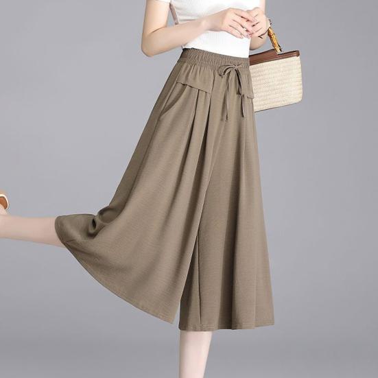 Women Casual Pants Elastic High Waist Adjustable Lace-up Wide Leg Cropped Pants Solid Color Loose Fit Lounge Culottes