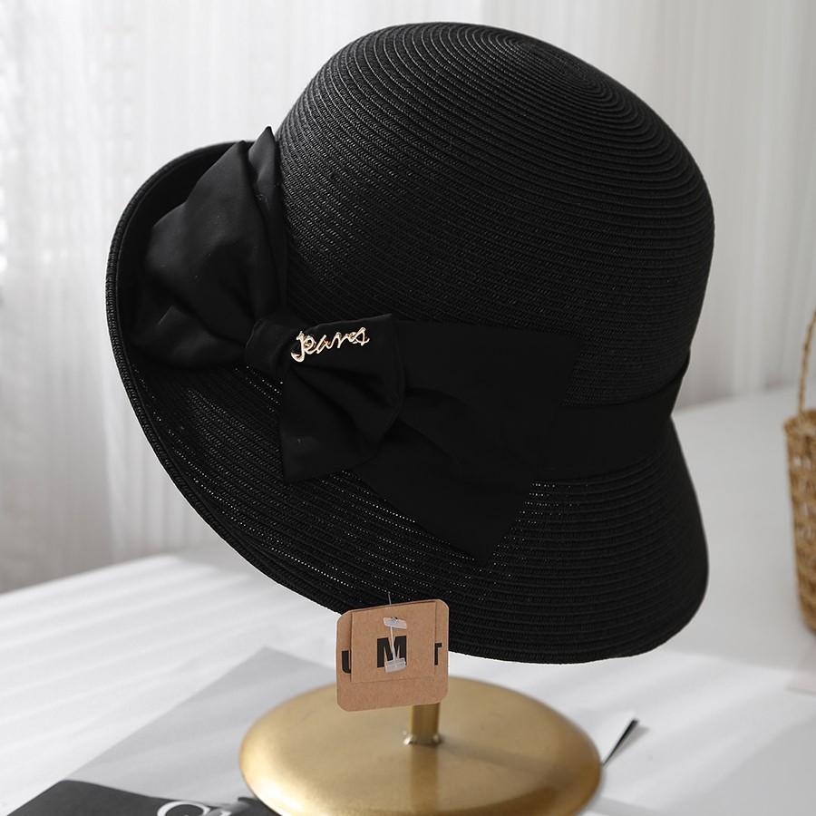 2025 Summer New Woven Basin Hat Fashion Crimped Sun Hat Satin Bow Summer Sun Hat