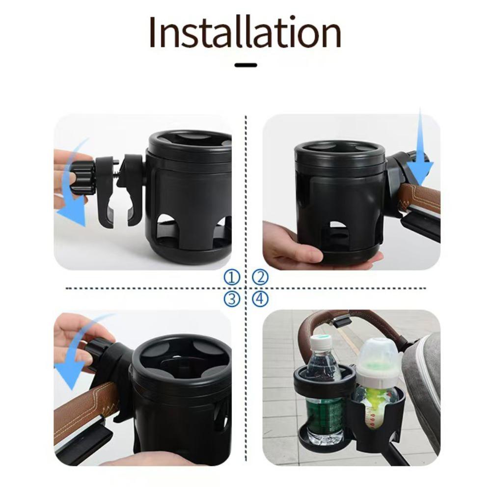 Anti-slip 2 in 1 Baby Stroller Cup Holder Adjustable Rotatable Kids Cup Stand Easy To Install Black