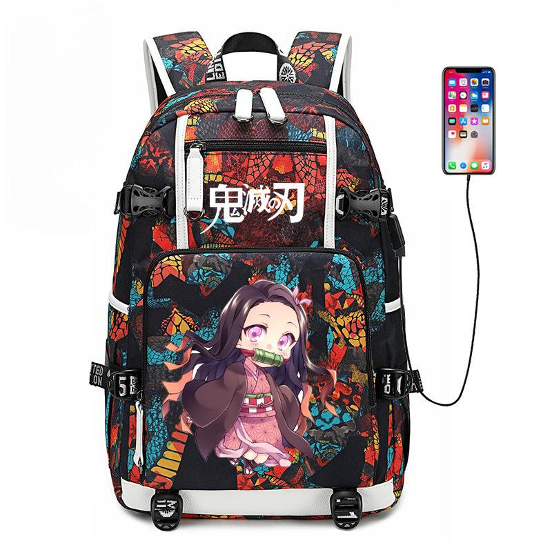 Japon dessin animé bande dessinée Demon Slayer Sac à dos élégant avec interface USB et grande capacité 0005