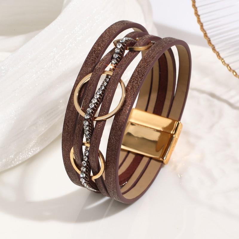 Boho Style Layered Circle PU Leather Bracelet With Alloy Chain Rhinestone Accents Women