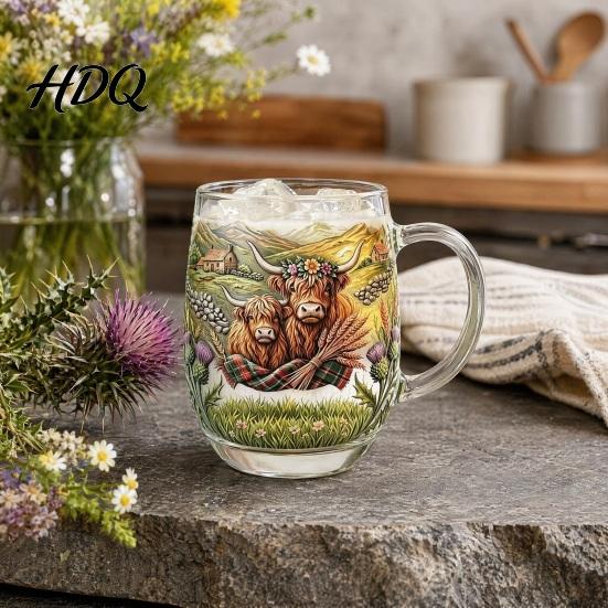 Durable Glass Drinkware 350ML Hand-painted Highland Cow Glass Cattle Coffee Mug Decorative Wine Glasses with Handle Heat-Resistant Tea Milk
