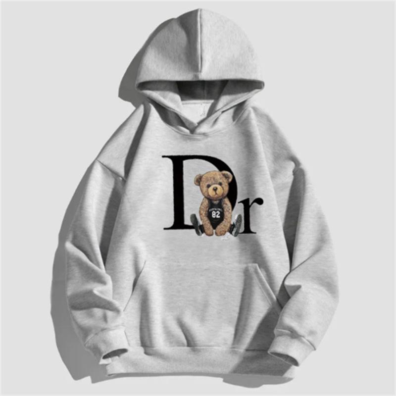 Women's Fleece-Lined Teddy Bear Print Hoodie with Kangaroo Pocket