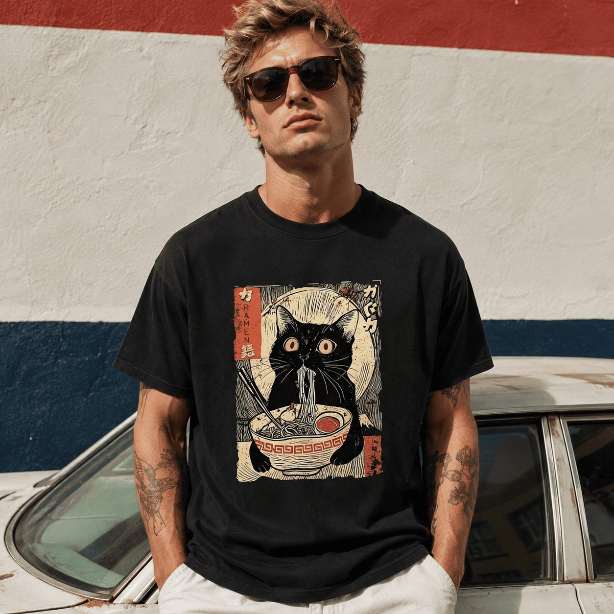 Ramen Cat Graphic Tee - Vintage Japanese Ukiyo-e Style Black Cat T-Shirt XXXXL