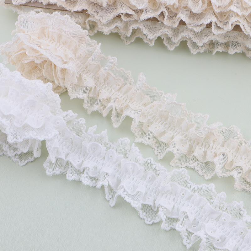 White 1Yard Lace Pleated Ruffles Applique Embroidery Fabric Ribbon Trim Diy Dress Apparel Headwear Decorative Sewing Supplies