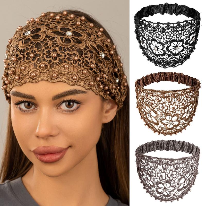 Elegant Women Hollow Headband Flower Pattern Shiny Rhinestones Faux Pearls Hair Band High Elastic Wide Hair Hijabs Holder