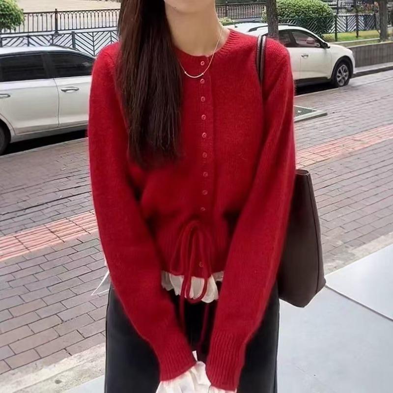 

Новый свитер с круглым вырезом и кружевной вставкой, вязаный кардиган, женский новый топ с кружевной вставкой и кулиской на талии, женский one size fits all красный