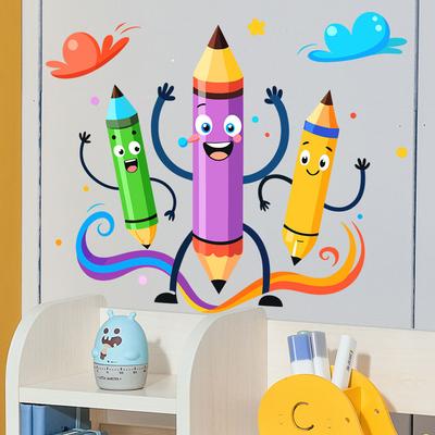 Lindas Pegatinas de Pared de Lápiz y Creyón de Dibujos Animados, Calcomanías Autoadhesivas Removibles para Decoración de Habitación Infantil y Estudio