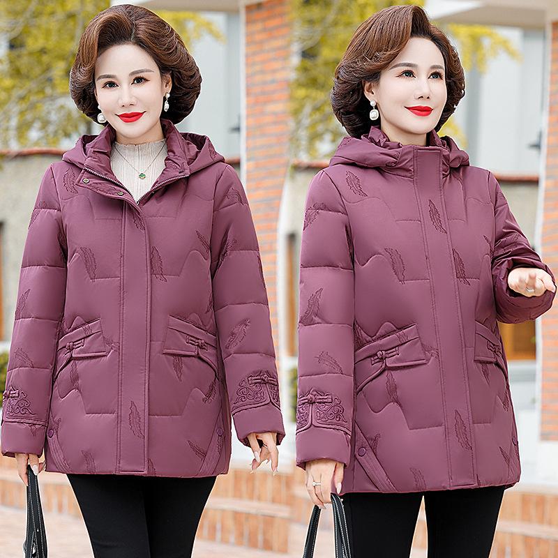 White Down Jacket for Middle-aged and Elderly Women, Plus-size Padded Hooded Loose Coat for Grandma In Her 60s.