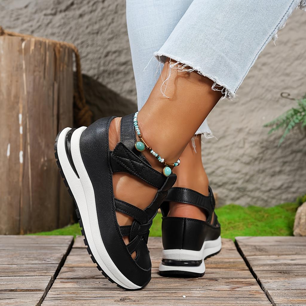 Women's White Platform Sandals Thick Sole Wedge Heels Hook-and-loop Strap Faux Cover Rubber Sole Strappy Summer Shoes
