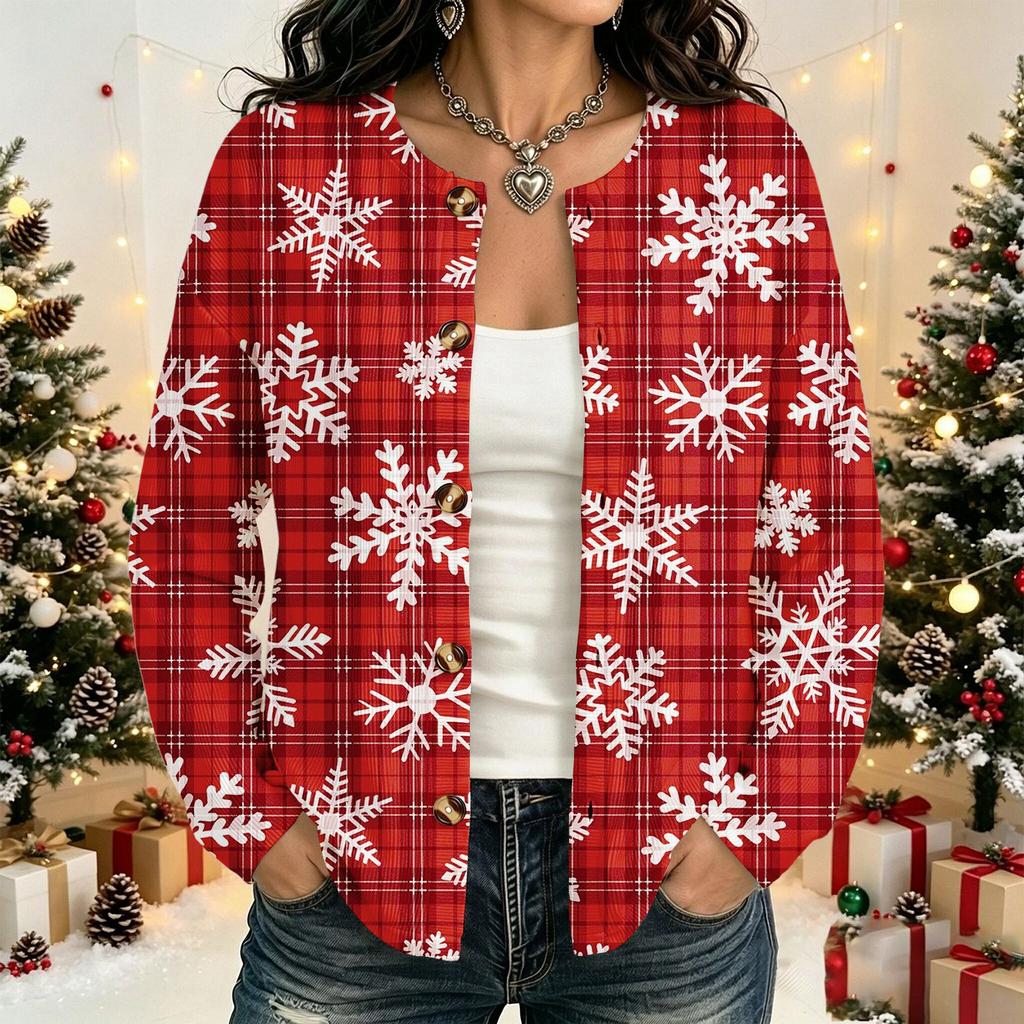 Women's Fashion Christmas Print Long Sleeve Cardigan - Holiday Open Front Knit Sweater for Winter Outfits
