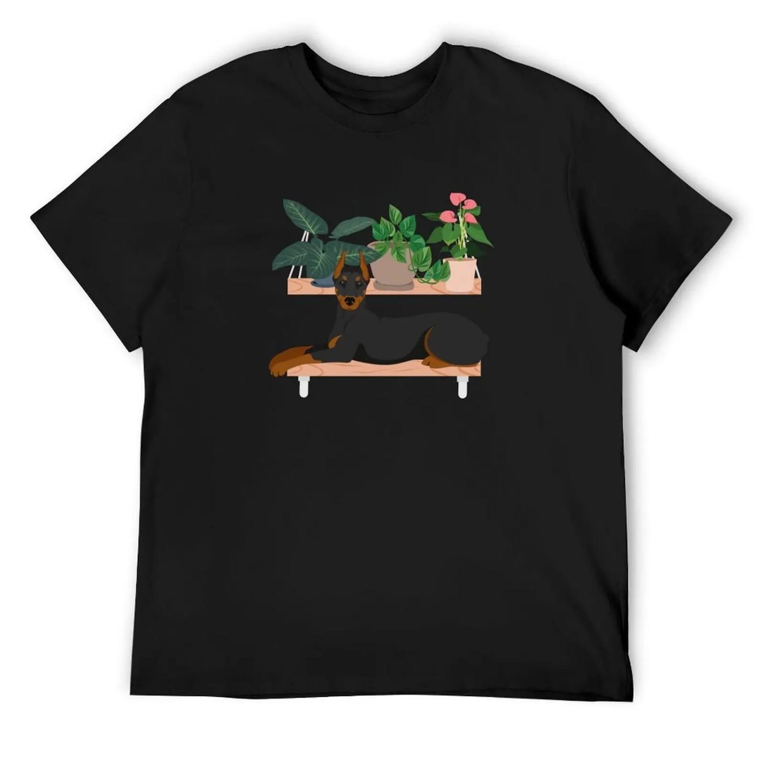

Doberman Pinscher And Plants T-Shirt blue archive croswit shirt man summer tops mens designer clothes XXXXXL різнокольоровий