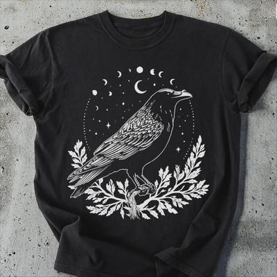 Raben Mondphasen Comfort Colors T-Shirt: Gothic Celestial T-Shirt Grafik T-Shirts Retro Streetwear Kurzärmeliges Herren T-Shirt
