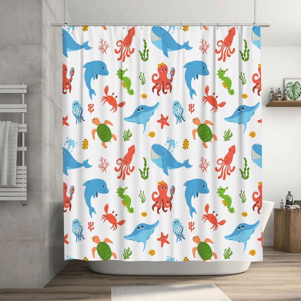 Underwater Animal Print Shower Curtain Home Decor for Bathroom Kids Bathing Room Decoration Waterproof Fabric Curtains (Blue)