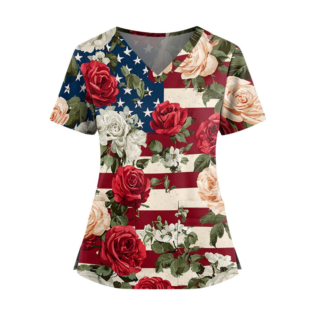 Women's Independence Day Print V-Neck Double Pocket Short Sleeve Uniform with Slit Hem - Caregiver Top