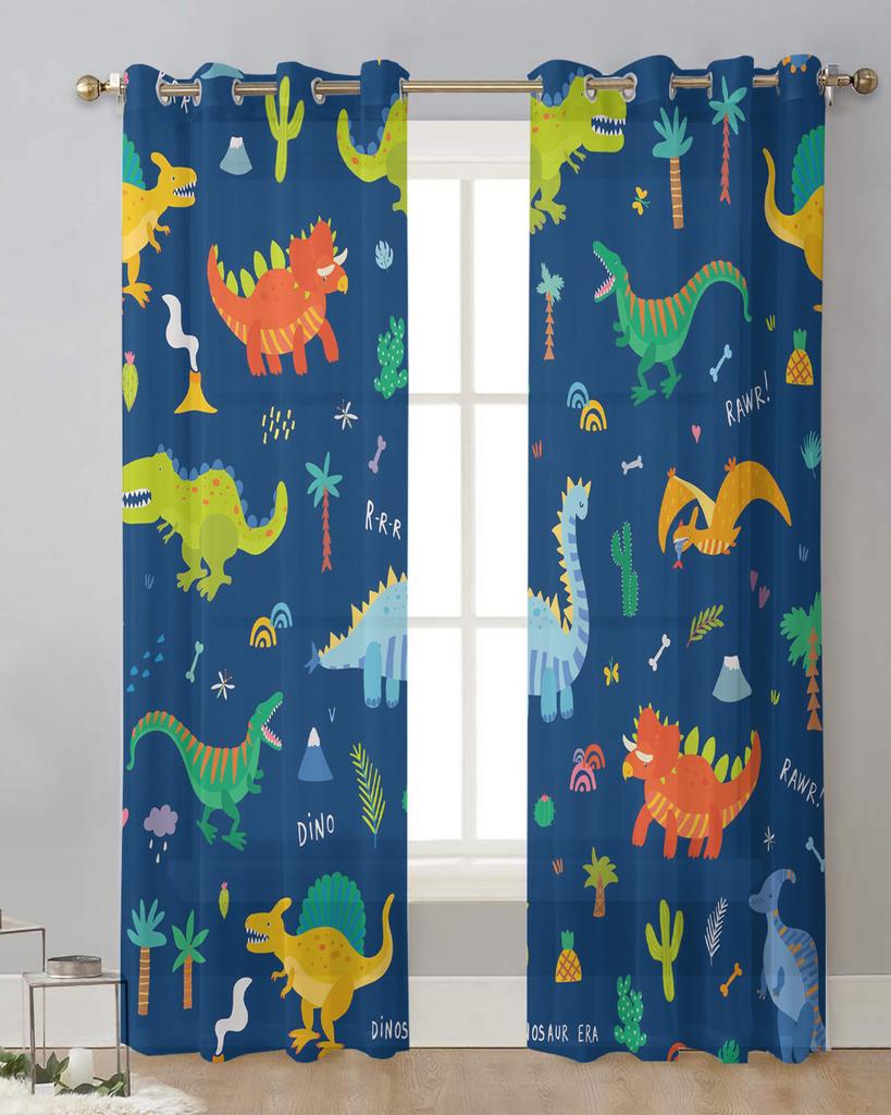 Kolorowe Kreskówkowe Dinozaury Niebieskie Przezroczyste Zasłony do Dekoracji Salonu Zasłony Okienne Kuchnia Tiul Woal Organza Zasłony