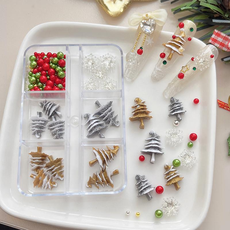 6 Grids/Box Christmas Red/Green Bead Snowflake Nail Mixed Size Colorful Beads Nali Charms Christmas Manicure Jewelry