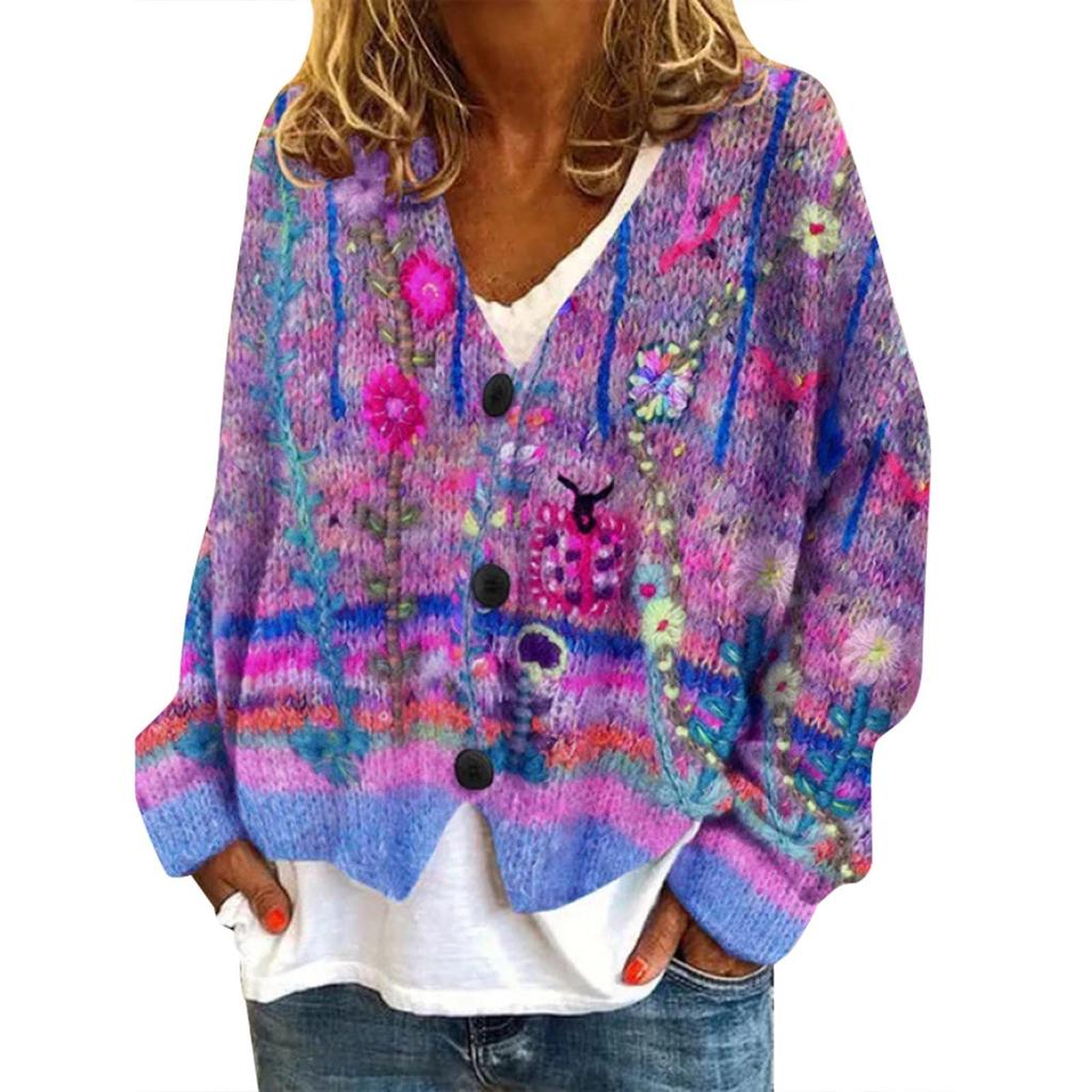 YNN-VK01 V-Neck Printed Cardigan Sweater with 3 Buttons - New Arrival