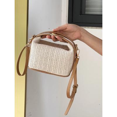 Versatile Straw Woven Crossbody Bags Casual Bucket Shoulder Bags Fashion Contrast Color Handbags Vacation Beach Bags for Women