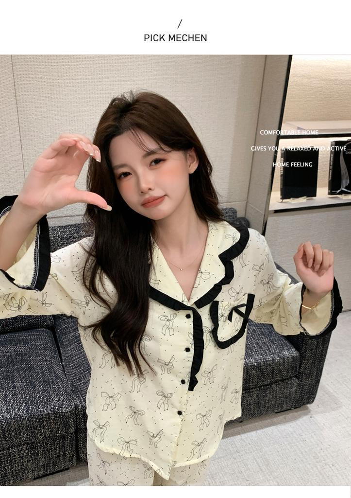 Cotton pajamas women's 1011 spring and autumn new bow cute sweet cotton loungewear can be worn outside